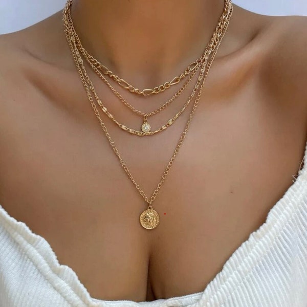 18k Gold Layered Necklace Set, Necklaces for women, Vintage Gold Chain, Friend Gift, Layering Necklaces, birthday Gift Ideas For Her