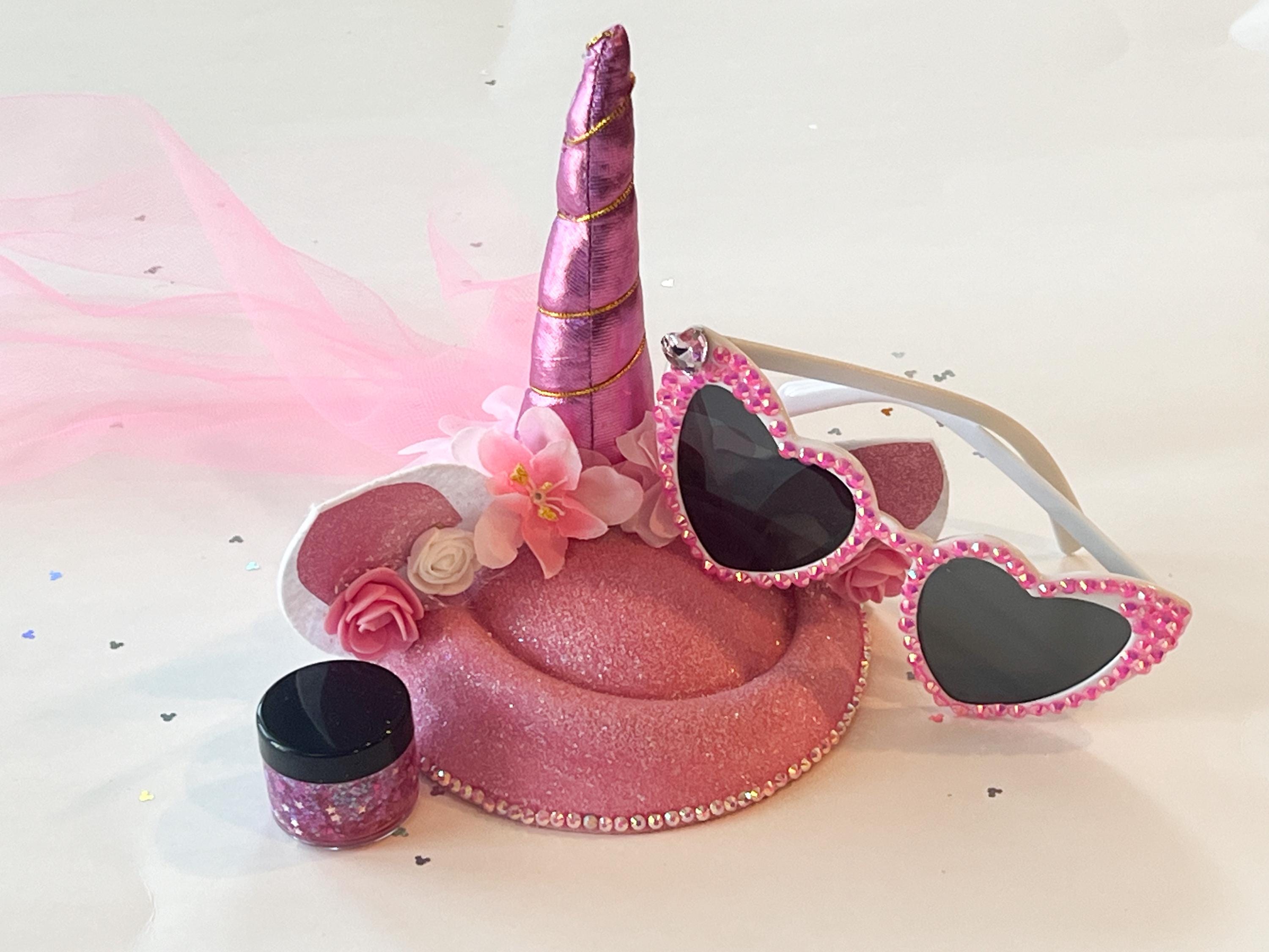 Unicorn Princess Party Set – Pink Glitter Fascinator, Heart Sunglasses & Sparkle Hair Gel, girls gift set, bedazzled sunglasses, rhinestone