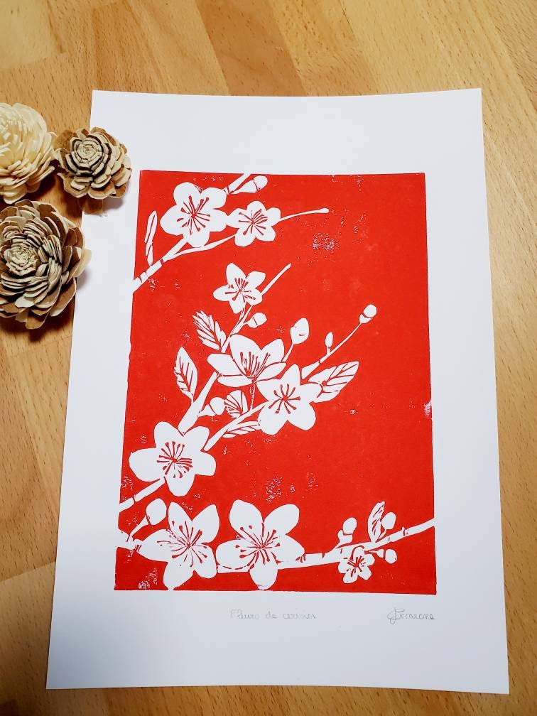 Linogravure Originale et Signée Rouge Fleurs de Cerisier Japon