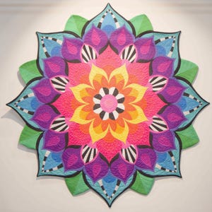 Puede incluir: Un edredón circular vibrante con un diseño floral de mandala. El edredón presenta un espectro de colores, incluyendo rosa, naranja, amarillo, morado, azul y verde. Se incorporan acentos a rayas blancas y negras. El edredón se exhibe sobre un fondo blanco.
