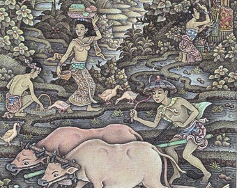 Balinese Herding Animals, Traditional painting, Daily Balinese Life, Original painting, Bali Painting