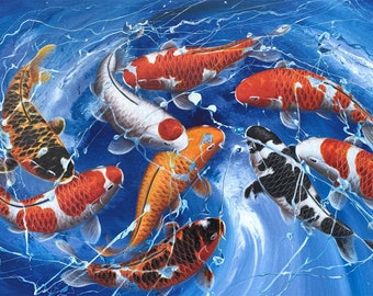 Blue Ocean 9 Koi Painting, Original Koi painting, Blue Ocean, Fish Art, Fengshui Painting, Asian Koi Wall Art