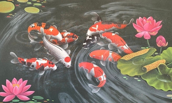 Original Koi in Lotus Pond 9 Koi Painting Feng Shui Art Asian