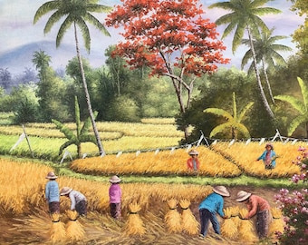 Landscape Painting, Rice Harvest, Original Painting, Harvesting Wall Decor, Feng Shui Art, Nature Wall Art