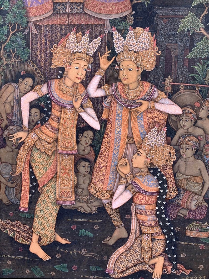 Original Painting, Legong Painting, Balinese Dancers, Bali Temple, Traditional Painting, Bali Painting image 1