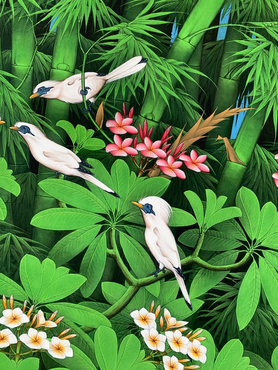 Große grüne Bambus-Baum-Malerei mit Jalak Bali rosa Plumeria | Etsy