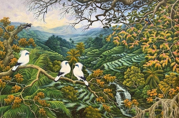 Groene natuur Jungle Scene Waterval Origineel schilderij