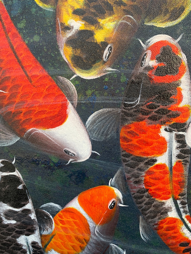 18 Koi Fish Art, Large Koi Painting, Fengshui Art, Hand Painted Koi Fish, Original Koi Painting