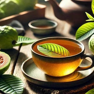 May include: A cup of tea with a green leaf floating on top, set on a saucer. The cup is yellow and brown, and the tea is amber-colored. Guava fruit and leaves are scattered around the cup on a wooden surface, with a teapot in the background.