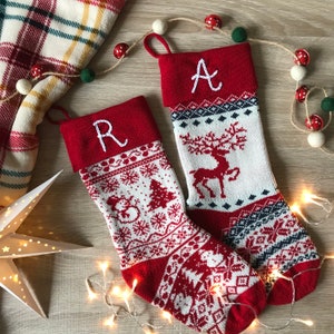 Christmas stocking with name - stocking personalised with hand-stitched name or initial - patterned knitted Christmas stocking with name