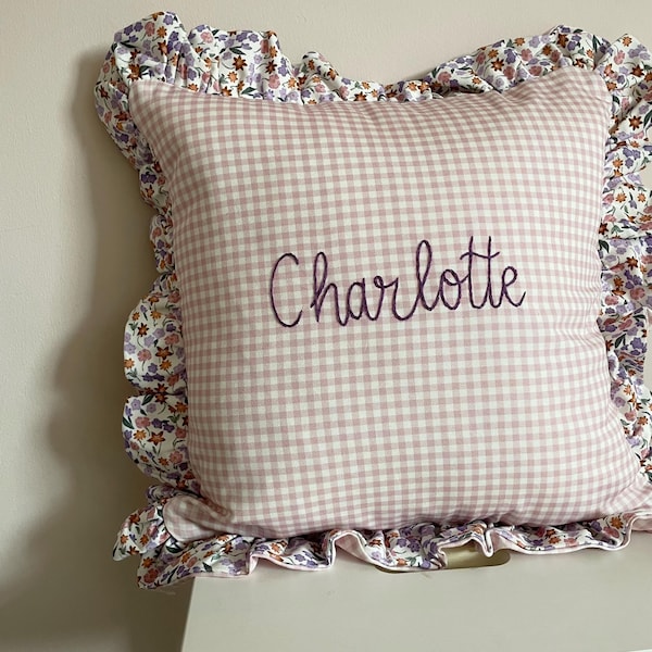 Cushion with name - gingham cushion - cushion with date of birth - personalised cushion - children's room decor - baby name cushion