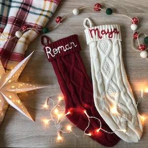 Knitted plain Christmas stocking personalised with hand-stitched name