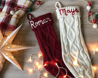 Knitted plain Christmas stocking personalised with hand-stitched name