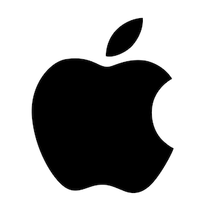 May include: A black and white silhouette of an apple with a leaf on top. The apple has a bite taken out of the right side.