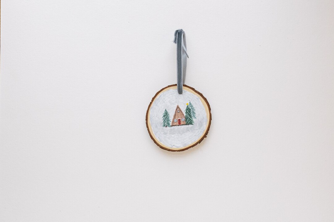 Hand Painted A Frame Cabin Wood Slice Ornament Etsy