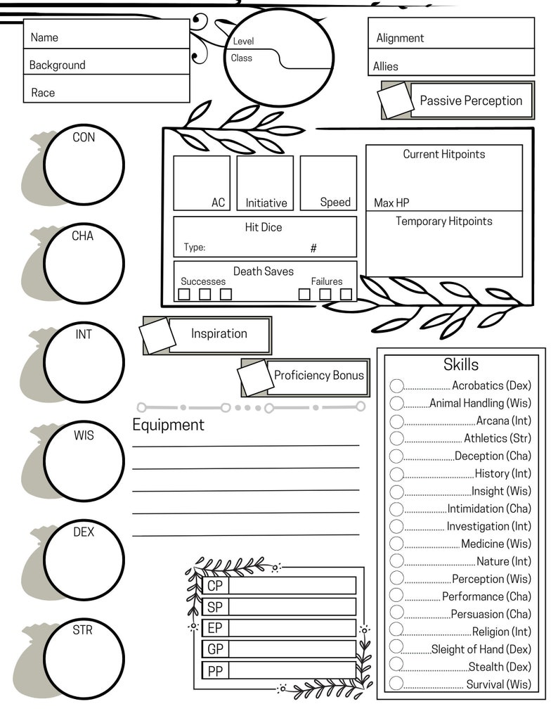 D D Character Sheet Digital Download Etsy