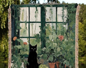 Botanical Cat Tapestry Halloween Tapestry Van Gogh Inspired Art Blanket Woven | Whimsical Room Decor Black Cat Decor Cottagecore Vintage Art