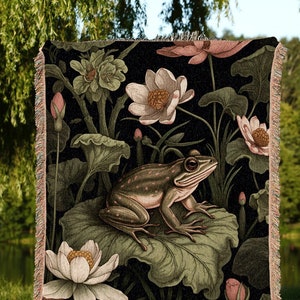 Frog Cottagecore Throw Blanket | Vintage William Morris inspired Nature Blanket Woodland Botanical Maximalist Crowcore Frog Decor Woven |