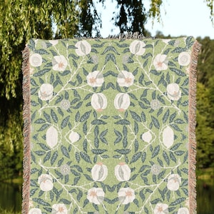 Sage Green Throw Blanket Woven | William Morris Tapestry Woven Throw Blanket Green | Pomegranate Decor Bedding Vintage Art Deco Aesthetic |