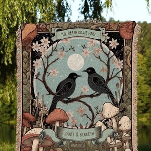 Boho Floral Couples Blanket | Anniversary Gift Custom Tapestry Crow Core Blanket Woodland Wedding Crowcore Decor Unique Couple Blanket Goth