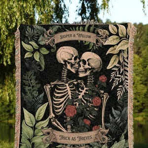 Botanical Skeleton Blanket Woven | Gothic Wedding Custom Blanket Woven Tapestry Cottagecore Wedding Personalized Anniversary Gift For Goths