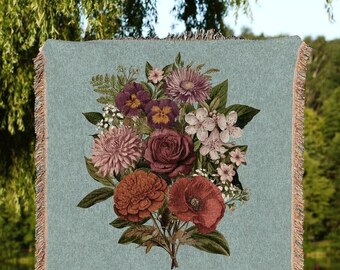 Nana's Garden Birth Flower Bouquet Gift for Grandparents Custom Family Name Blanket Personalized Grandmas Garden Floral Woven Throw Blanket