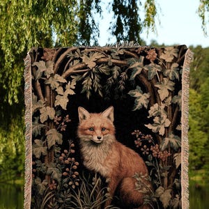 Botanical Fox Throw Blanket Woven | Vintage William Morris inspired Nature Blanket Woodland Botanical Maximalist Decor Blanket Fox Tapestry