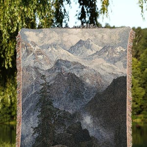 Misty Blue Mountain Range Landscape Tapestry Wall Hanging | Nature Aesthetic Blanket Woven Tapestry | Blue Tapestry Cool Tones Room Decor |