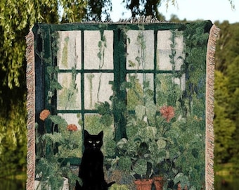 Botanical Cat Tapestry Halloween Tapestry Van Gogh Inspired Art Blanket Woven | Whimsical Room Decor Black Cat Decor Cottagecore Vintage Art