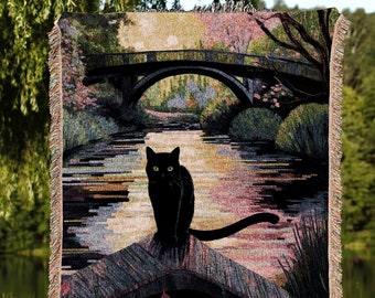 Black Cat Woven Tapestry Art Claude Monet Bridge Over a Pond of Water Lilies | Art Tapestry Monet Water Lilies Blanket Cat Painting Tapestry