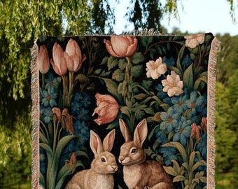Wildflower Bunny Throw Woven | Dark Floral William Morris inspired Nature Blanket Dark Academia Botanical Maximalist Crowcore Rabbit Throw |