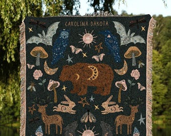 Scandinavian Folk Art Bear Blanket Woven Custom | Folk Art Decor Tapestry Woven Blanket Personalized | Woodland Bear Aesthetic Tapestry Boho