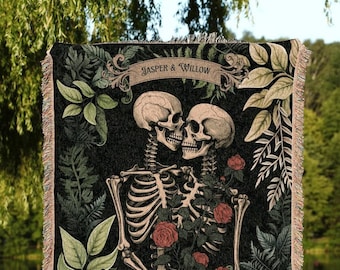 Botanical Skeleton Blanket Woven | Gothic Wedding Custom Blanket Woven Tapestry Cottagecore Wedding Personalized Anniversary Gift For Goths