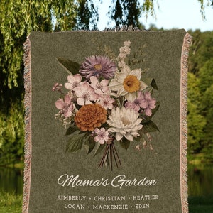 Vintage Birth Flower Bouquet Custom Family Blanket Personalized Birth Month Flower Bouquet Family Name Blanket Mom Keepsake Gift from Family