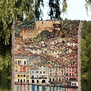 Woven Blanket Fine Art Painting 'Malcesine on Lake Garda' | Gustav Klimt Wall Art Painting Fine Art Blanket Woven Tapestry Famous Artwork |