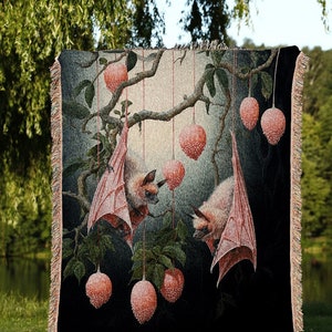 Pastel Pink Cottagecore Bat Blanket | Whimsical Dark Academia Decor Gothic Bat Tapestry Woven | Whimsigothic Tapestry Woven Throw Blanket |