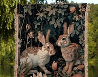 Dark Botanical Rabbit Blanket | Bunny Tapestry Boho Room Decor Woodland Aesthetic Dark Academia Throw Spring Wallhanging Woven Throw