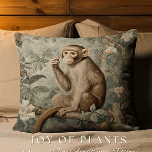 Vintage Jungle Monkey Pillow | William Morris Inspired Vintage Pillow Nature Pillow Pastel Decor Throw Pillow Botanical Monkey Pillow Woven