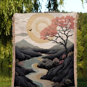 Japanese Landscape Mountain Sun Tapestry Woven Throw Blanket Tree Tapestry Art Woven Blanket with Nature Japanese Aesthetic Artful Blanket image 1