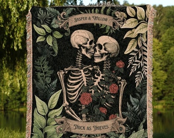 Botanical Skeleton Blanket Woven | Gothic Wedding Custom Blanket Woven Tapestry Cottagecore Wedding Personalized Anniversary Gift for Goths