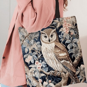 Victorian Gothic Owl Woven Tote | William Morris Inspired Tote Bag Pastel Goth Woodland Tapestry Tote Woven Victorian Fairy Core Owl Tote |