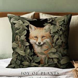 Woven Fox Decor Pillow Vintage | William Morris Inspired Fox Pillow Woodland Decor Pillow Maximalist Home Decor Throw Pillow Botanical Fox |