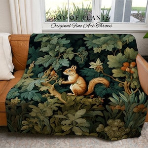 Woodland Botanical Woven Throw | William Morris inspired Throw Blanket Vintage Cottagecore Woodland Aesthetic Decor Woven Squirrel Tapestry