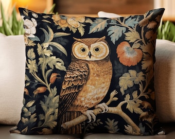 Woodland Owl Throw Pillow | William Morris Inspired Throw Pillow Woodland Forestcore Decor Pillow Maximalist Home Decor Throw Pillow Owl Art