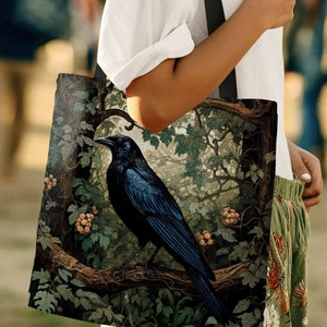 Raven Tote Bag Botanical Style | Boho Cottagecore Accessory William Morris Inspired Everyday Casual Handbag Fairycore Aesthetic Gift |