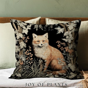 Dark Cottagecore Fox Pillow Forest Woodland Fox Botanical Boho Pillow Woven Dark Academia Decor Whimsigothic Decorative Art Throw Pillow