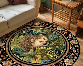 Hedgehog Botanical Rug | Woodland Bedroom Decor William Morris Inspired Cottagecore Room Light Academia Style Rug Mystical Aesthetic