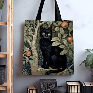 Dark Cottagecore Black Cat Gothic Tote Botanical Dark Academia William Morris Aesthetic Art Tote Bag Cat Lover Tapestry Bag Gift for Cat Mom