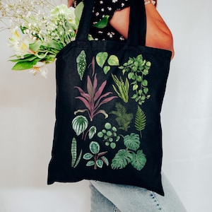 Plant Tote Bag | Aesthetic Tote Bag Canvas Tote Bag Aesthetic Vintage | Plant Tote Bag | Watercolor Plant Tote Plant Mom Gift Black Tote Bag