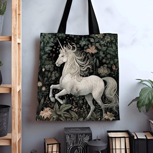 Fairycore Unicorn Woven Tote | William Morris Inspired Tote Bag Aesthetic Mystical Tapestry Tote Woven Victorian Fairy Core Folklore Tote |